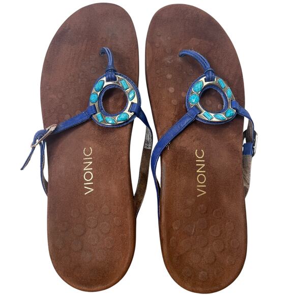 Vionic Ricci Thong Sandals Jeweled Ring Sz 11 Leather Flip Flops Blue Turquoise - Picture 1 of 13